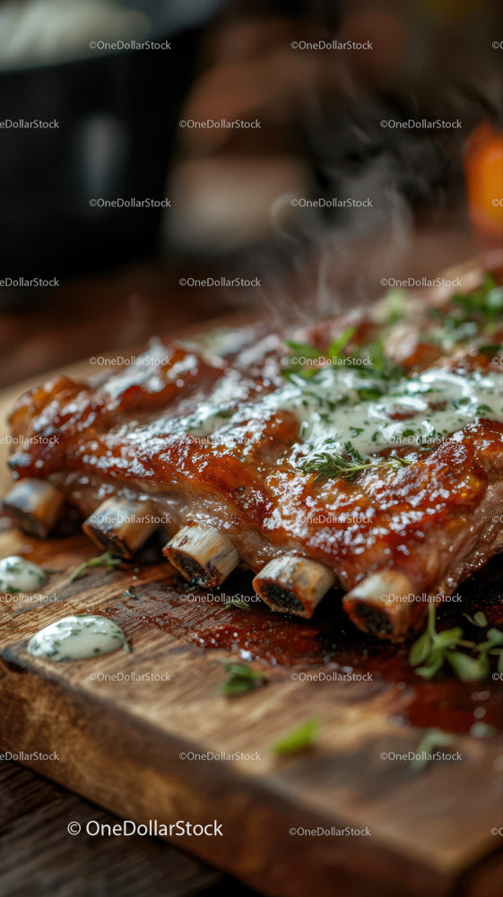 Juicy Smoked Ribs with Barbecue Sauce on Wooden Board