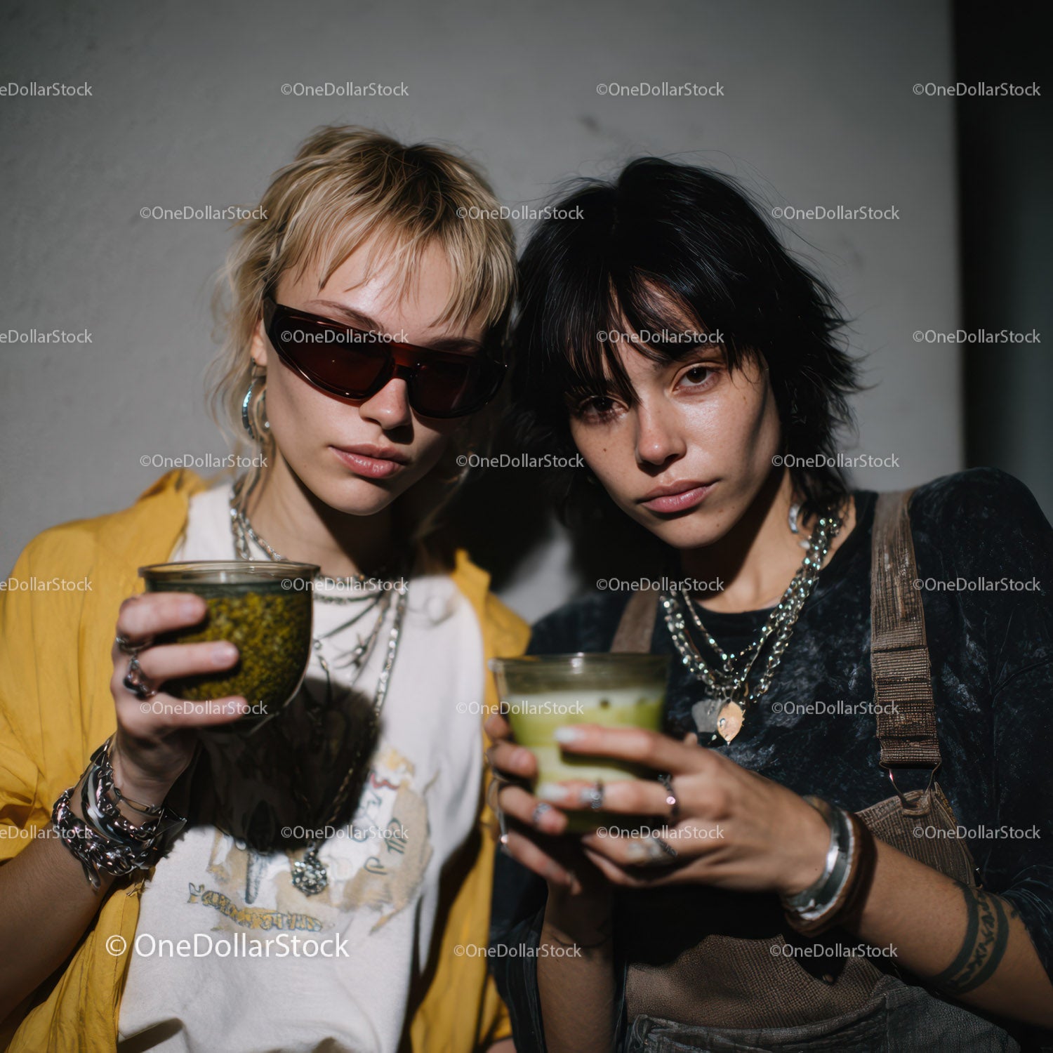 Stylish Young Women with Cocktails in Urban Setting