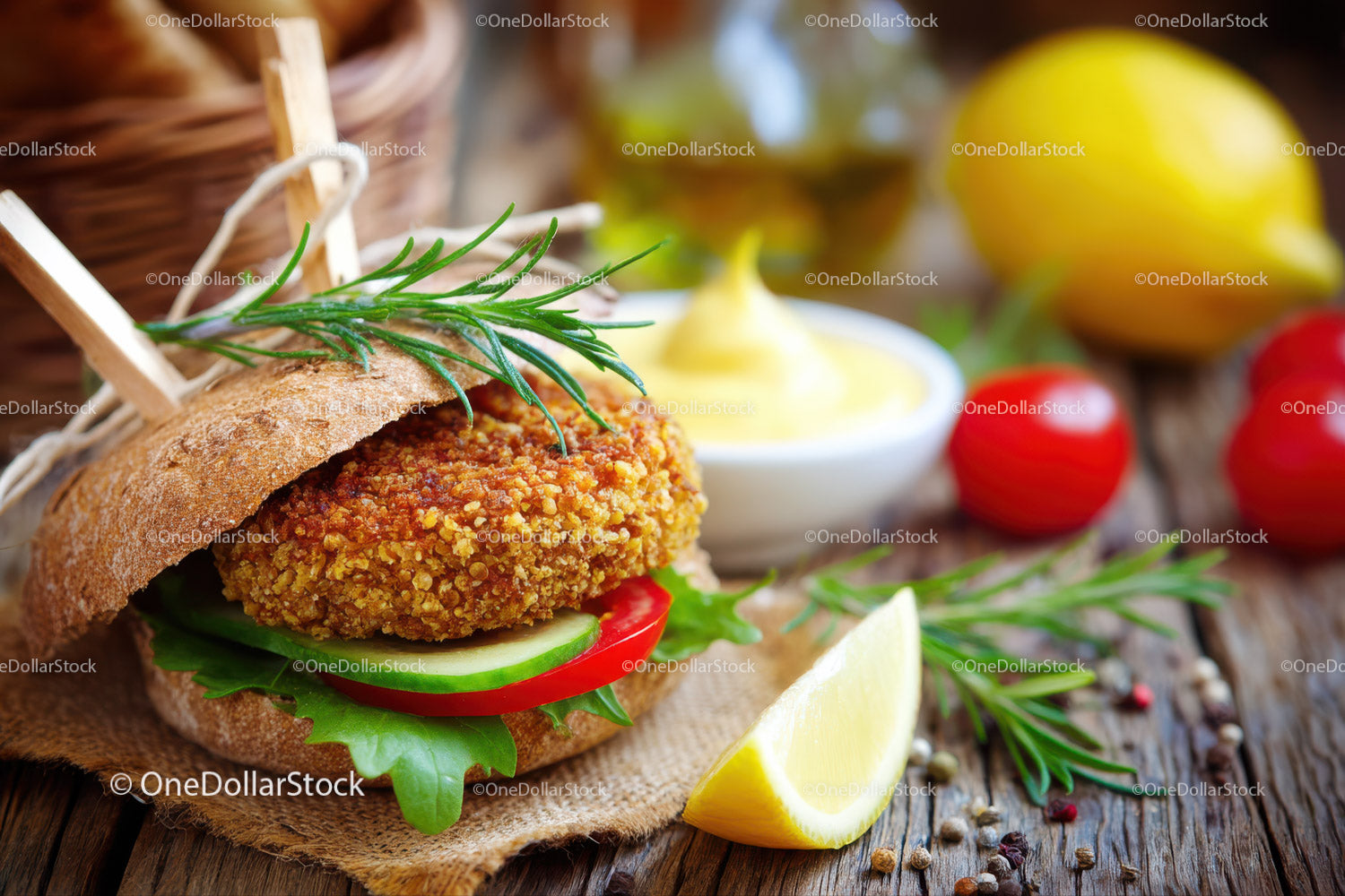 Crispy Fried Chicken Sandwich with Fresh Vegetables and Lemon