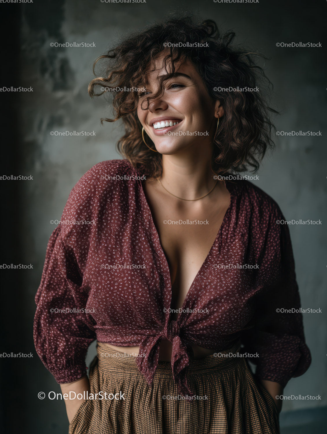 Smiling Woman with Curly Hair in Trendy Casual Outfit
