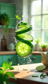 Fresh cucumber slices suspended with water splash in kitchen