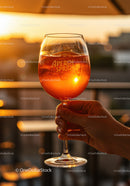 Hand Holding Aperol Spritz Against Sunset Glow