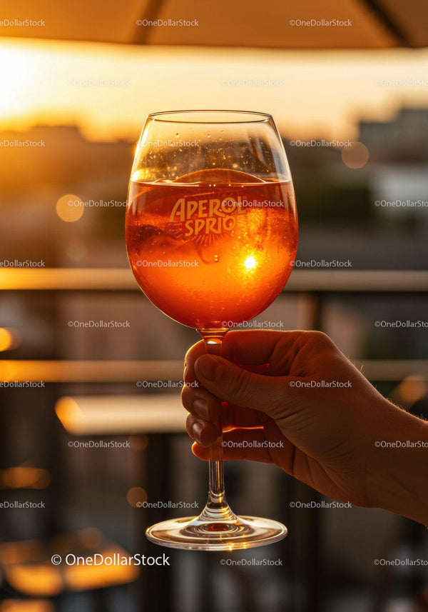 Hand Holding Aperol Spritz Against Sunset Glow