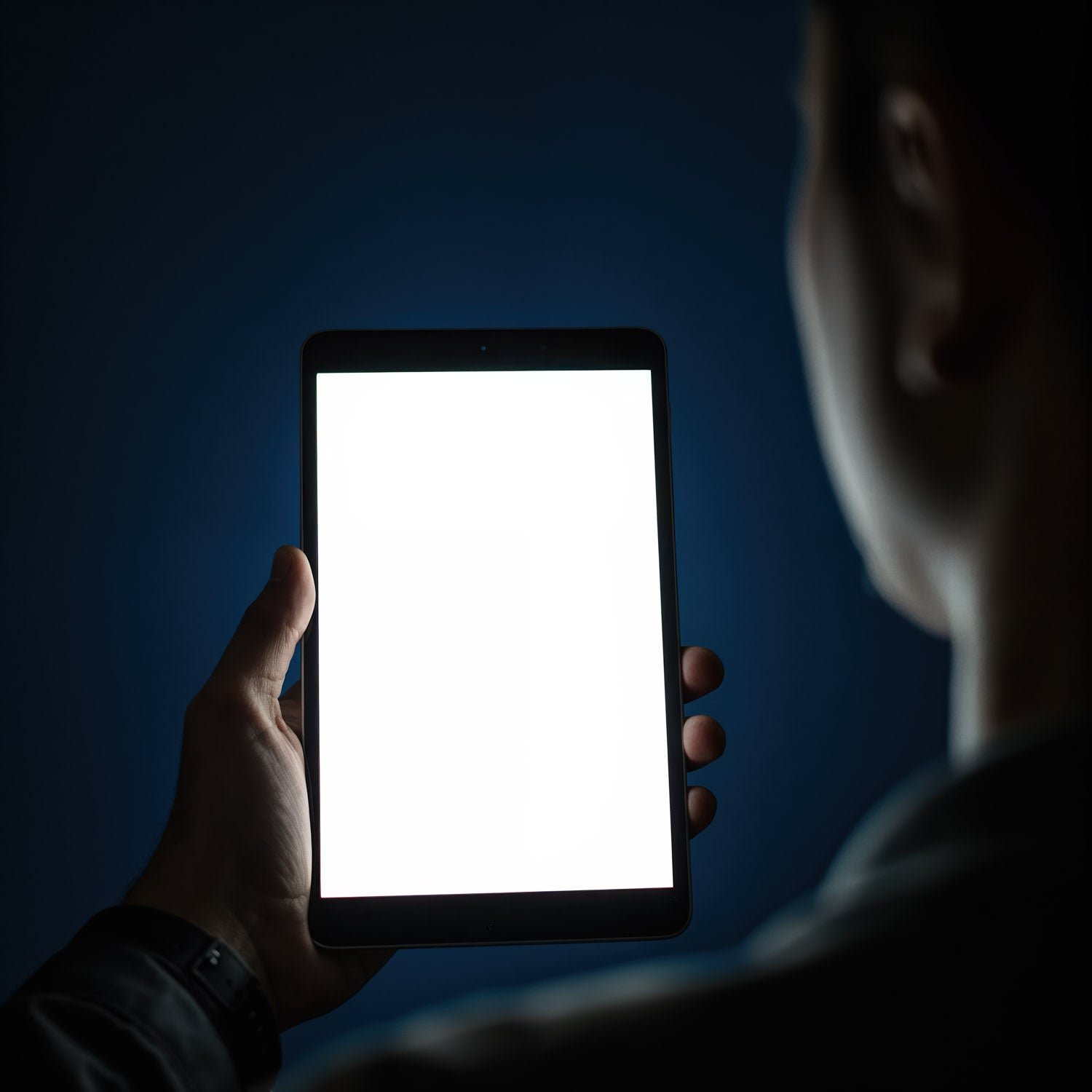 Person Holding Bright Tablet in Dark Room