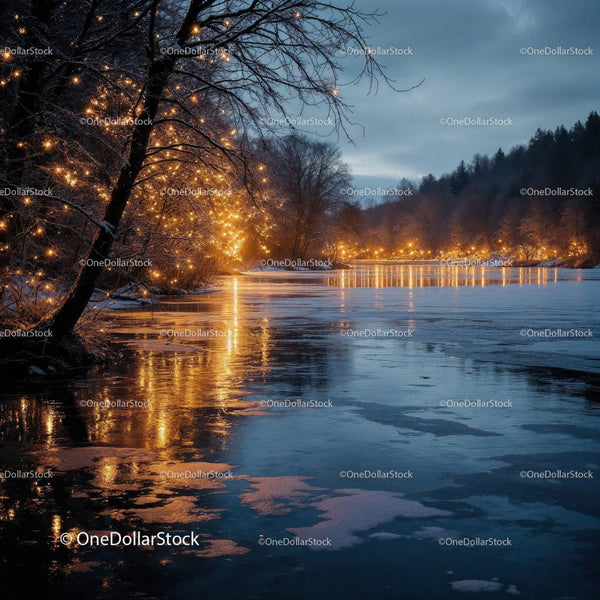 Twinkling Lights Reflecting on Frozen River at Dusk