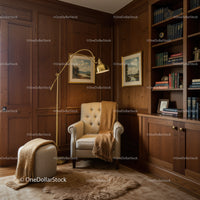 Cozy reading nook with armchair and wooden shelves