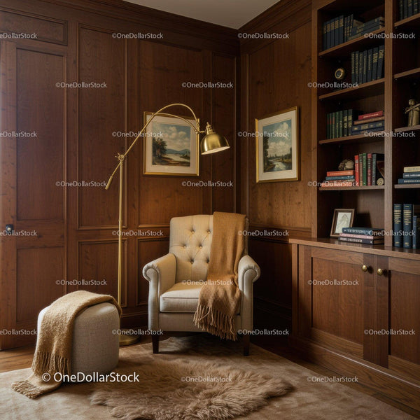 Cozy reading nook with armchair and wooden shelves