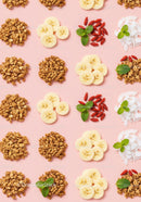 Pattern of Granola Clusters with Banana Slices and Berries