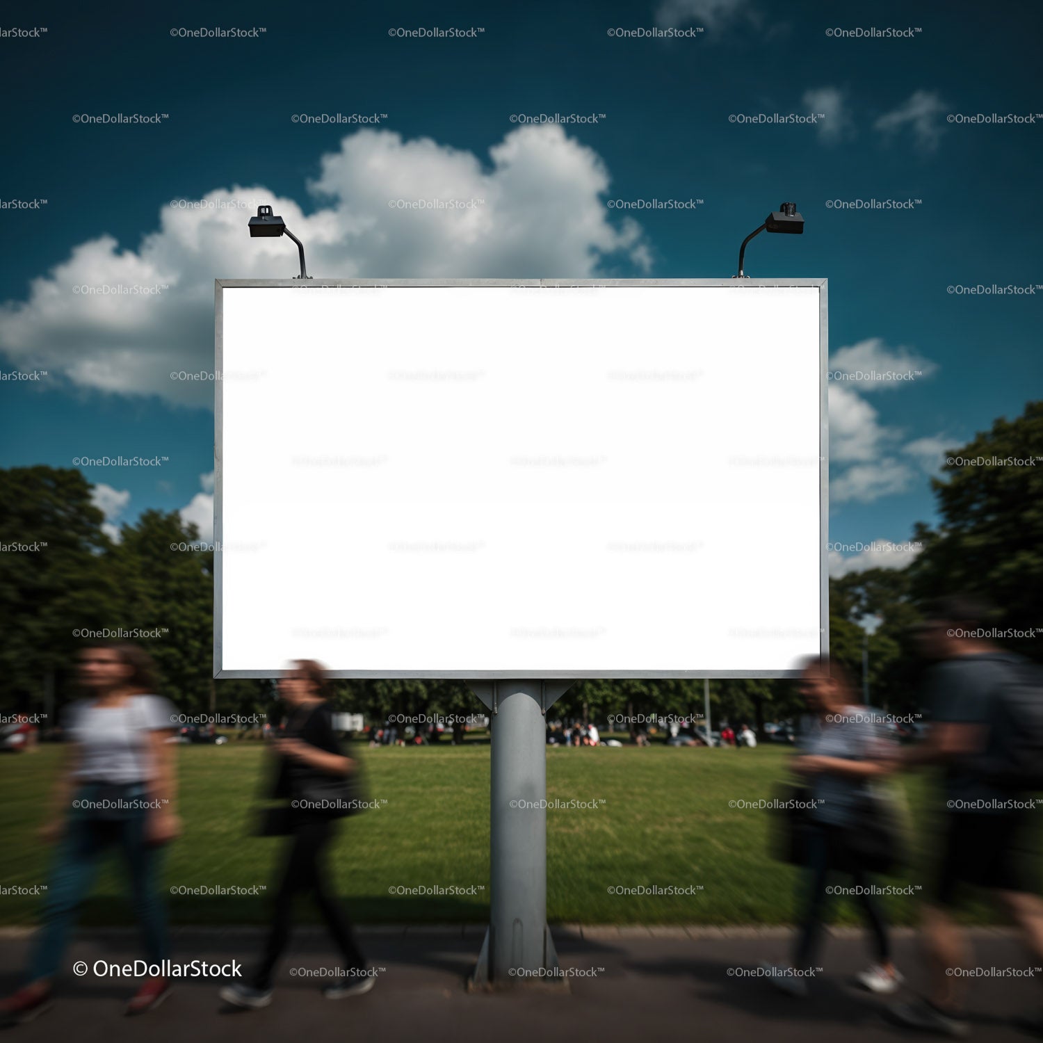 Blank outdoor billboard with blurred people walking by
