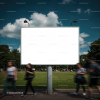 Blank outdoor billboard with blurred people walking by