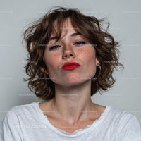 Young Woman with Curly Hair and Bright Red Lips in Casual Outfit
