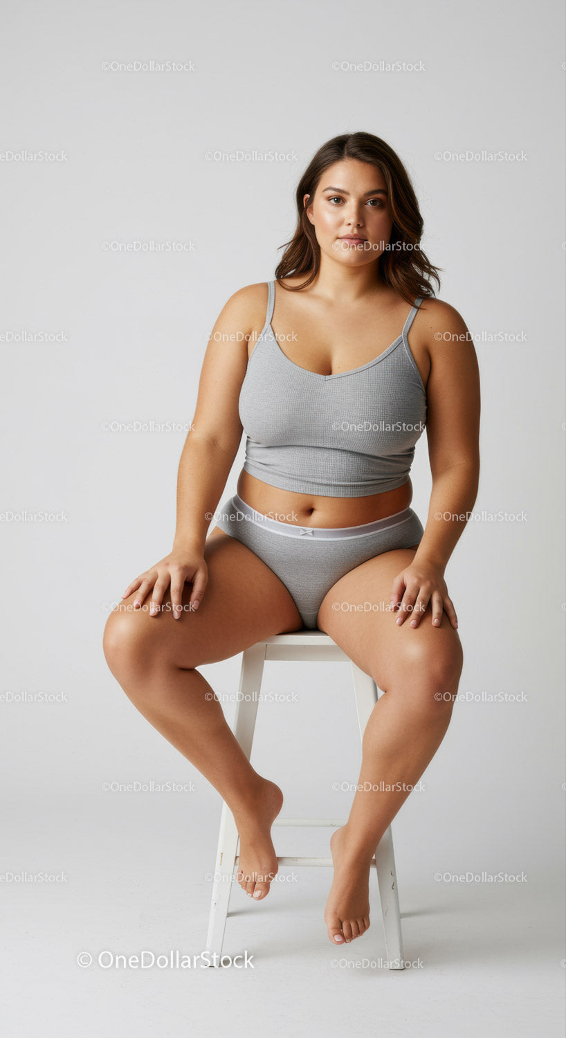 Confident Plus Size Woman Sitting on a Stool in Casual Wear