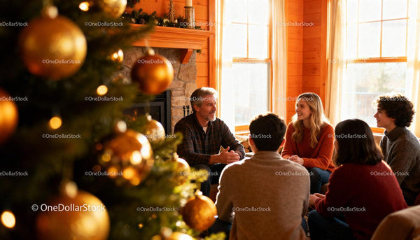 Family enjoying cozy conversation by fireplace at Christmas