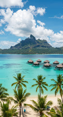 Tropical Overwater Bungalows with Mountain View and Blue Sky