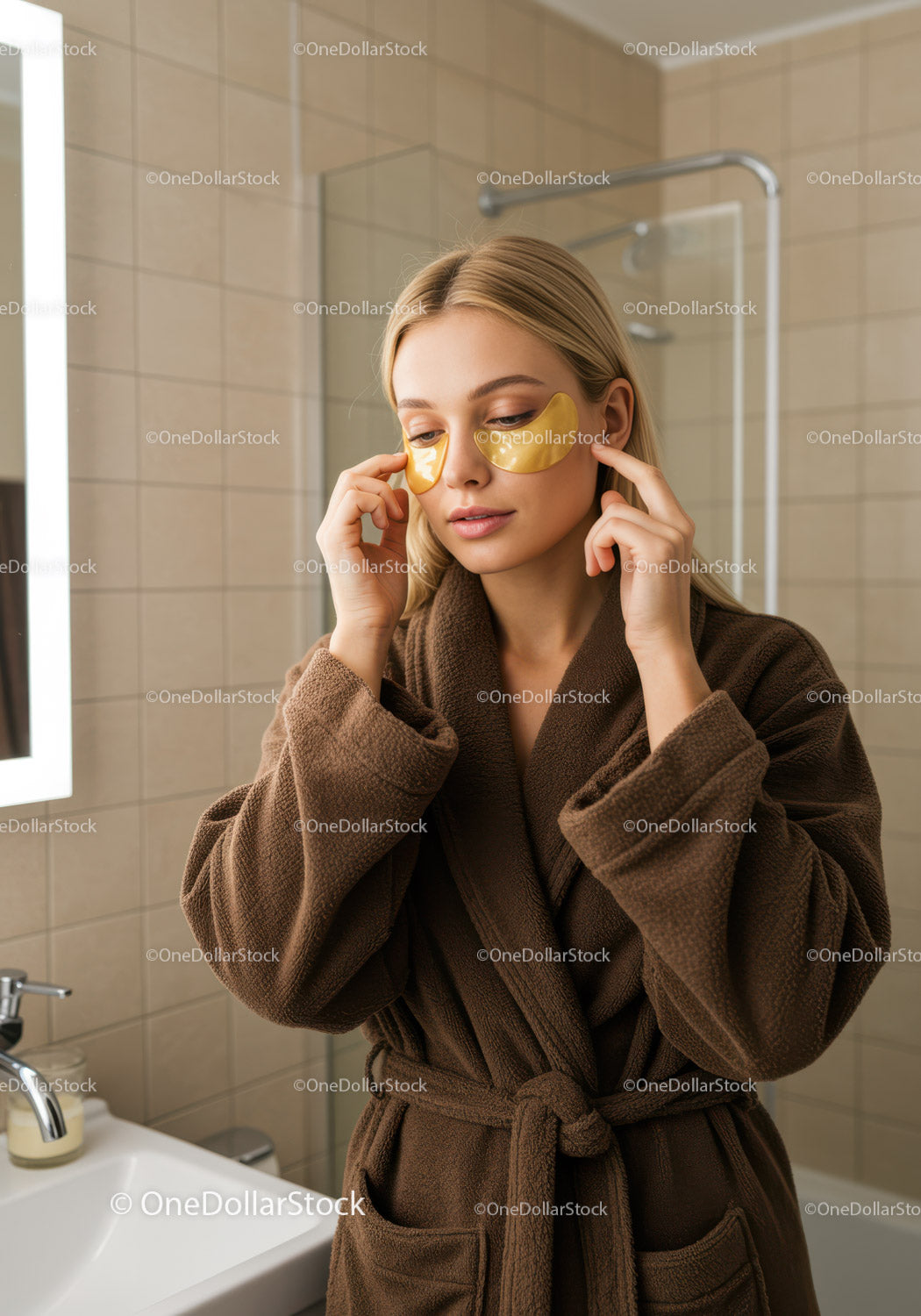 Młoda kobieta nakładająca maskę na oczy w łazience podczas zabiegu w spa