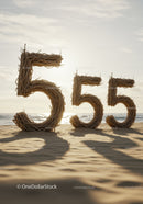 Natural wicker numbers on sandy beach with sunset