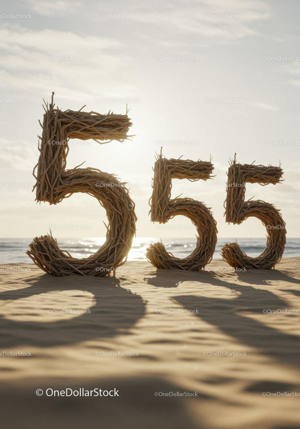 Natural wicker numbers on sandy beach with sunset