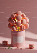 Pink macarons arranged as a glowing bouquet in vase