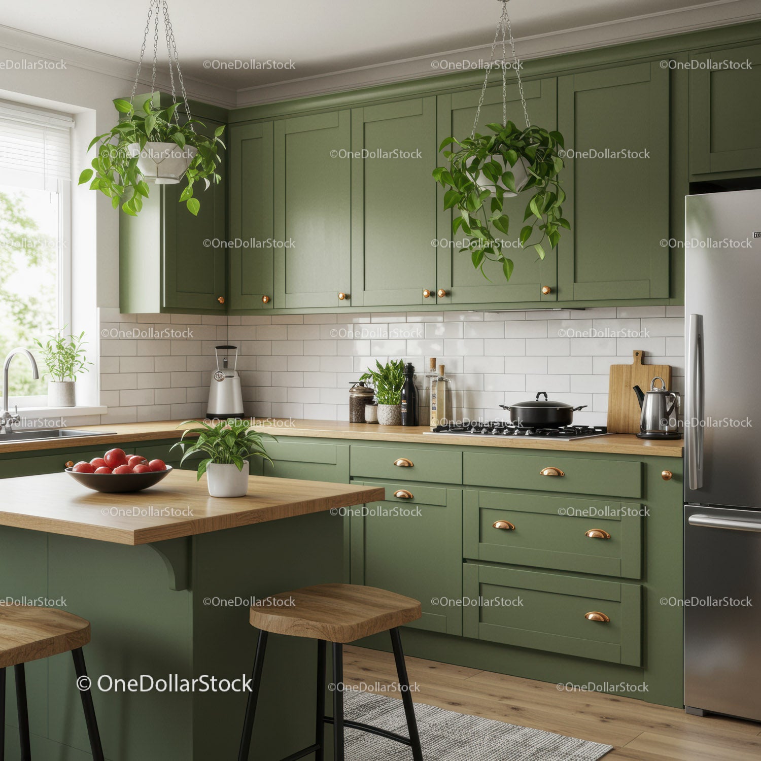 Modern Green Kitchen with Wooden Countertop and Stainless Steel Appliances