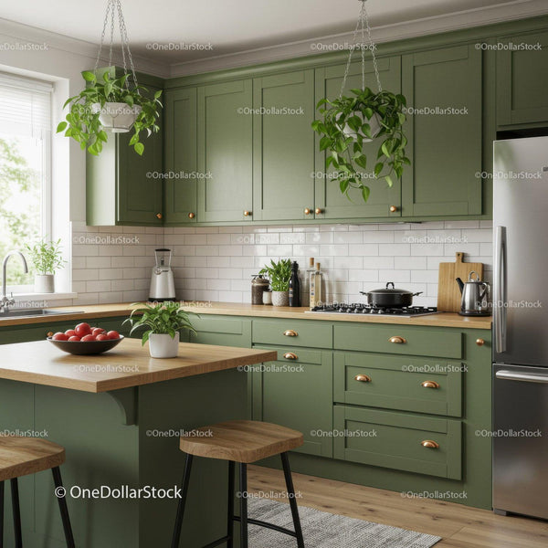Modern Green Kitchen with Wooden Countertop and Stainless Steel Appliances
