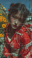 Young Woman in Red Jacket Surrounded by Marigold Flowers in Outdoor Setting