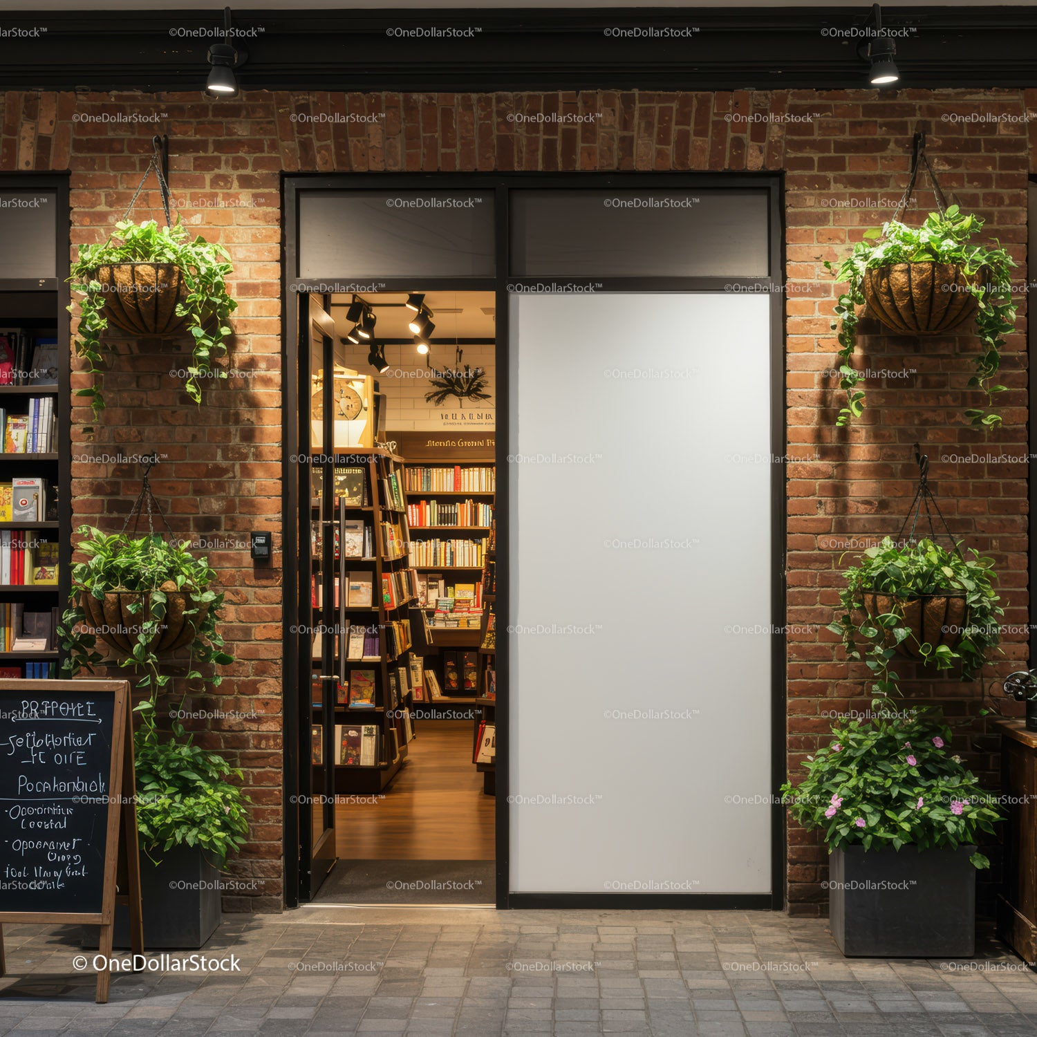 Cozy bookstore entrance with green hanging plants at dusk