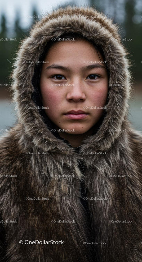 Young Girl in Fur Coat During Cold Outdoors with Serious Expression
