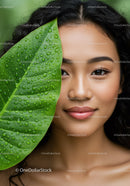 Portrait of a Woman with Tropical Leaf and Water Droplets in Natural Setting