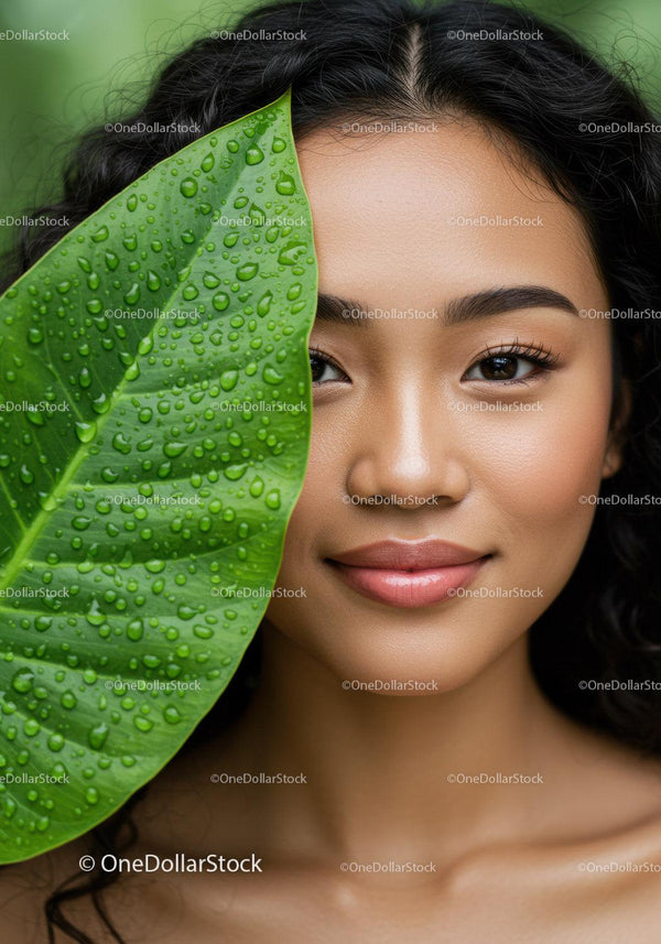 Portrait of a Woman with Tropical Leaf and Water Droplets in Natural Setting