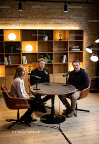 Three Hosts Recording Podcast in Cozy Modern Studio