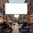 Evening street scene with scooters and city life
