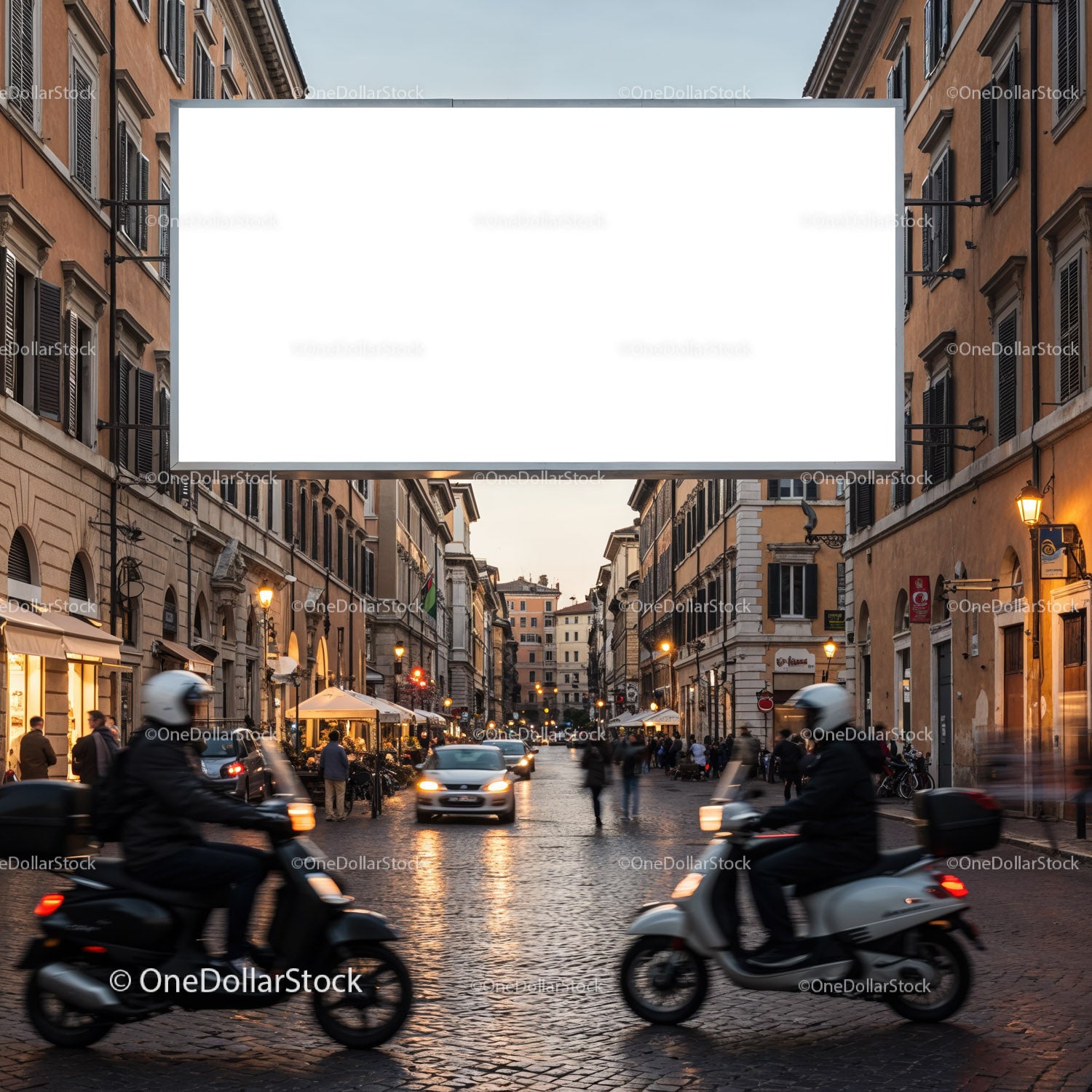 Evening street scene with scooters and city life
