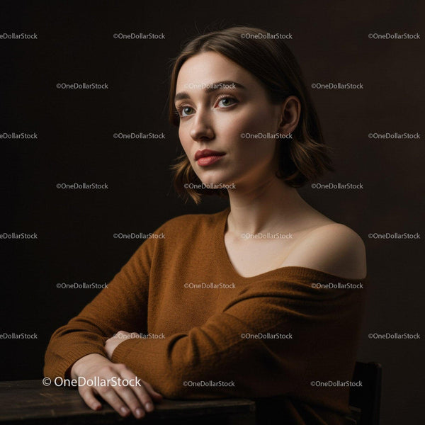 Elegancki Portret Młodej Kobiety w Brązowym Swetrze w Atmosferze Studia