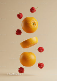 Floating Oranges and Raspberries on Beige Background