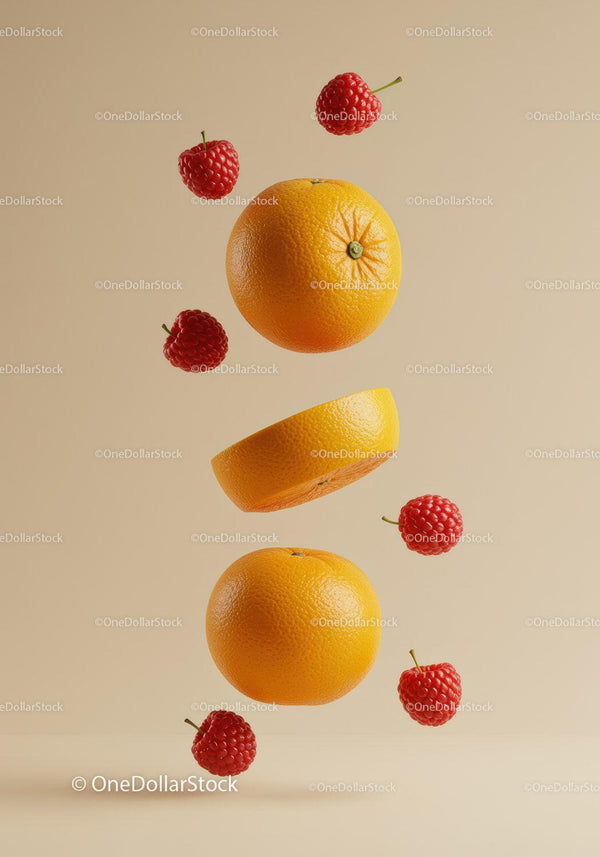Floating Oranges and Raspberries on Beige Background
