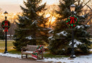 Winter park bench with festive Christmas decorations