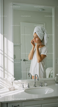 Woman in Towel Applying Skincare in Bright Bathroom Mirror