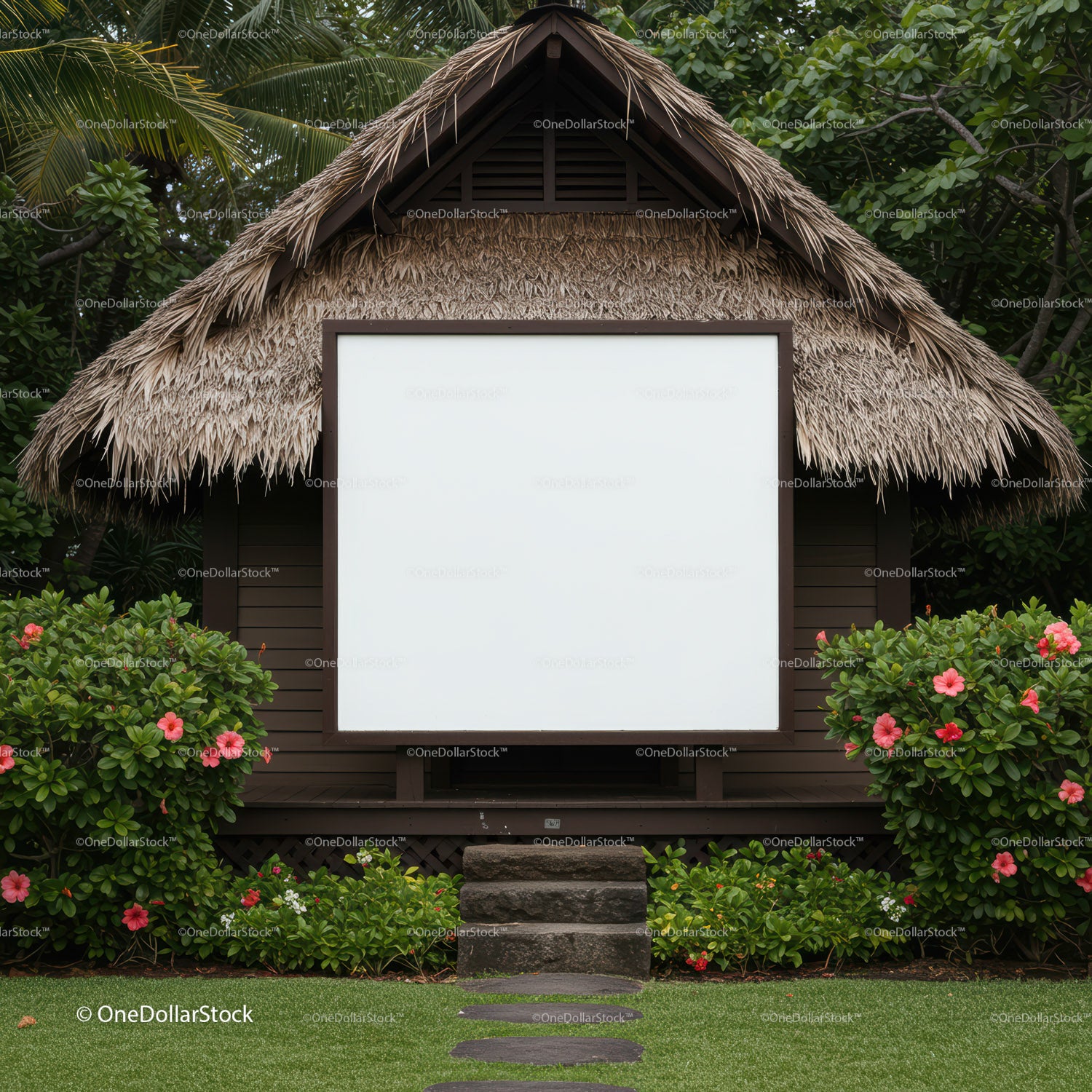 Tropical Hut with Blank Signboard Surrounded by Greenery