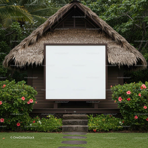 Tropical Hut with Blank Signboard Surrounded by Greenery JPG Mockup Image