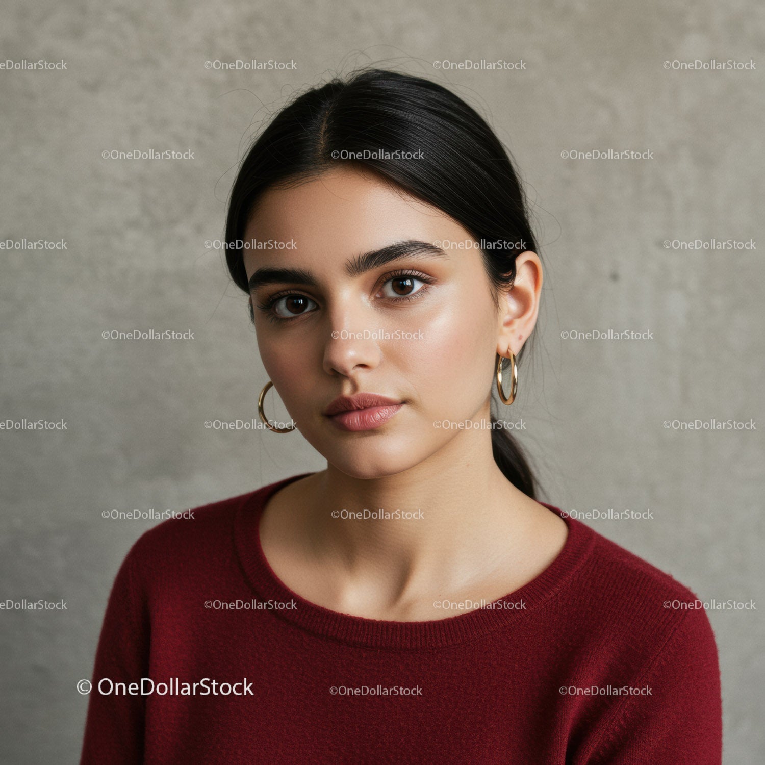 Portrait of a Young Woman with Dark Hair and Gold Earrings