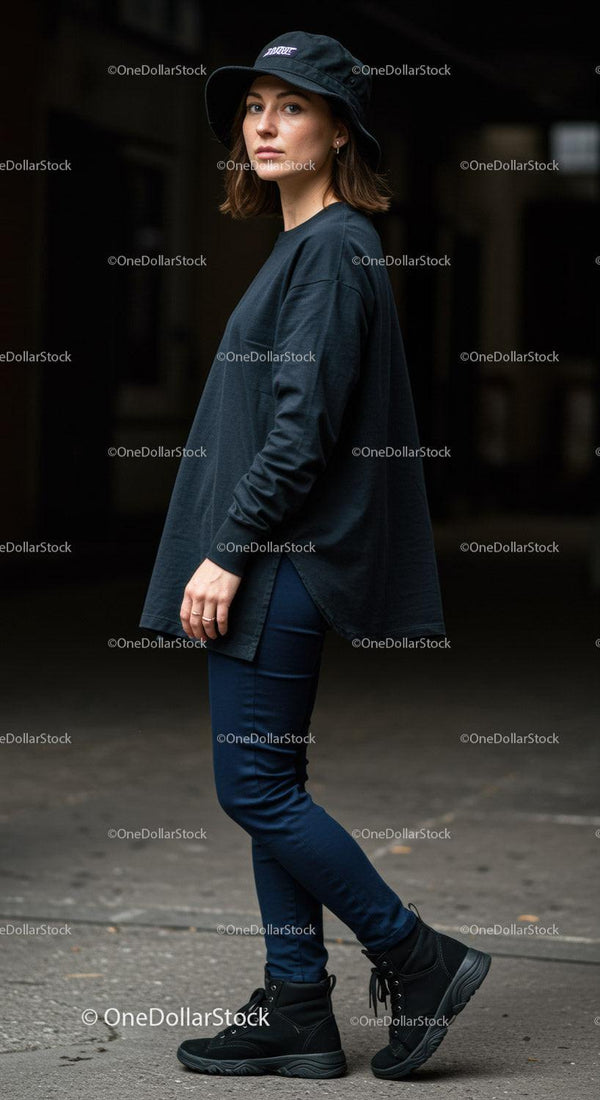 Young Woman in Street Style Outfit Wearing Black Hat and Sneakers