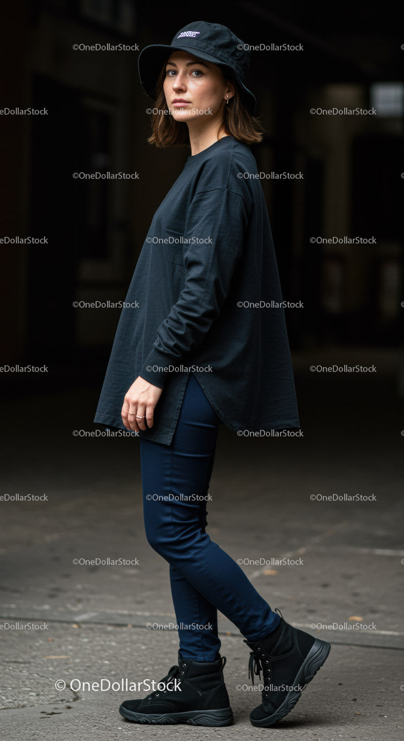 Young Woman in Street Style Outfit Wearing Black Hat and Sneakers