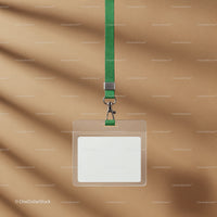 Blank ID badge with green lanyard on beige background
