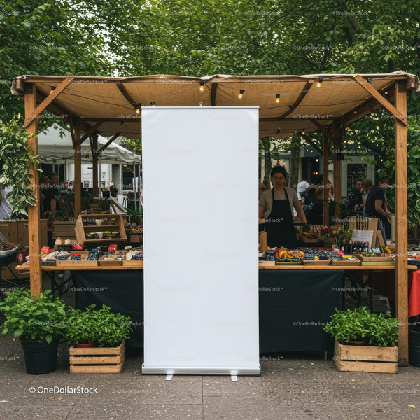 Outdoor market stall with fresh herbs and treats JPG Mockup Image