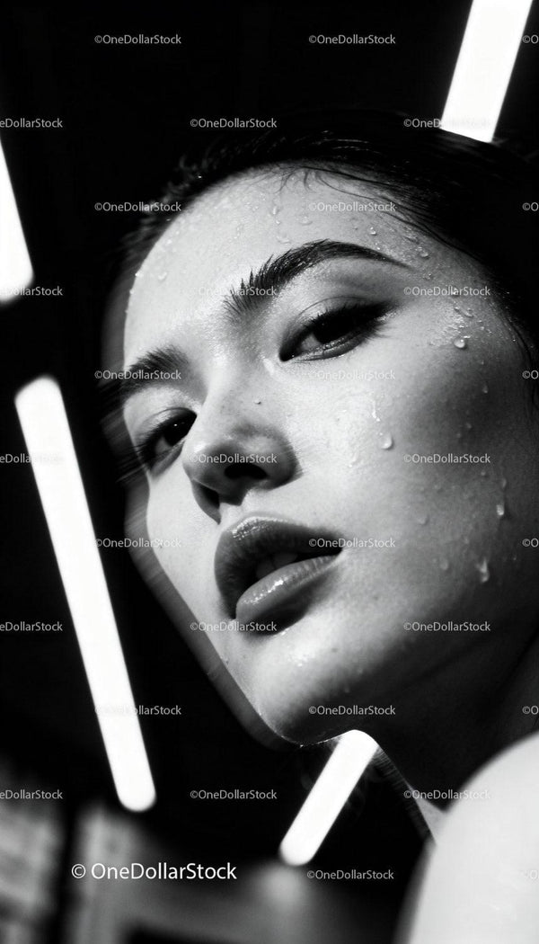 Close-up of a woman’s face with water droplets