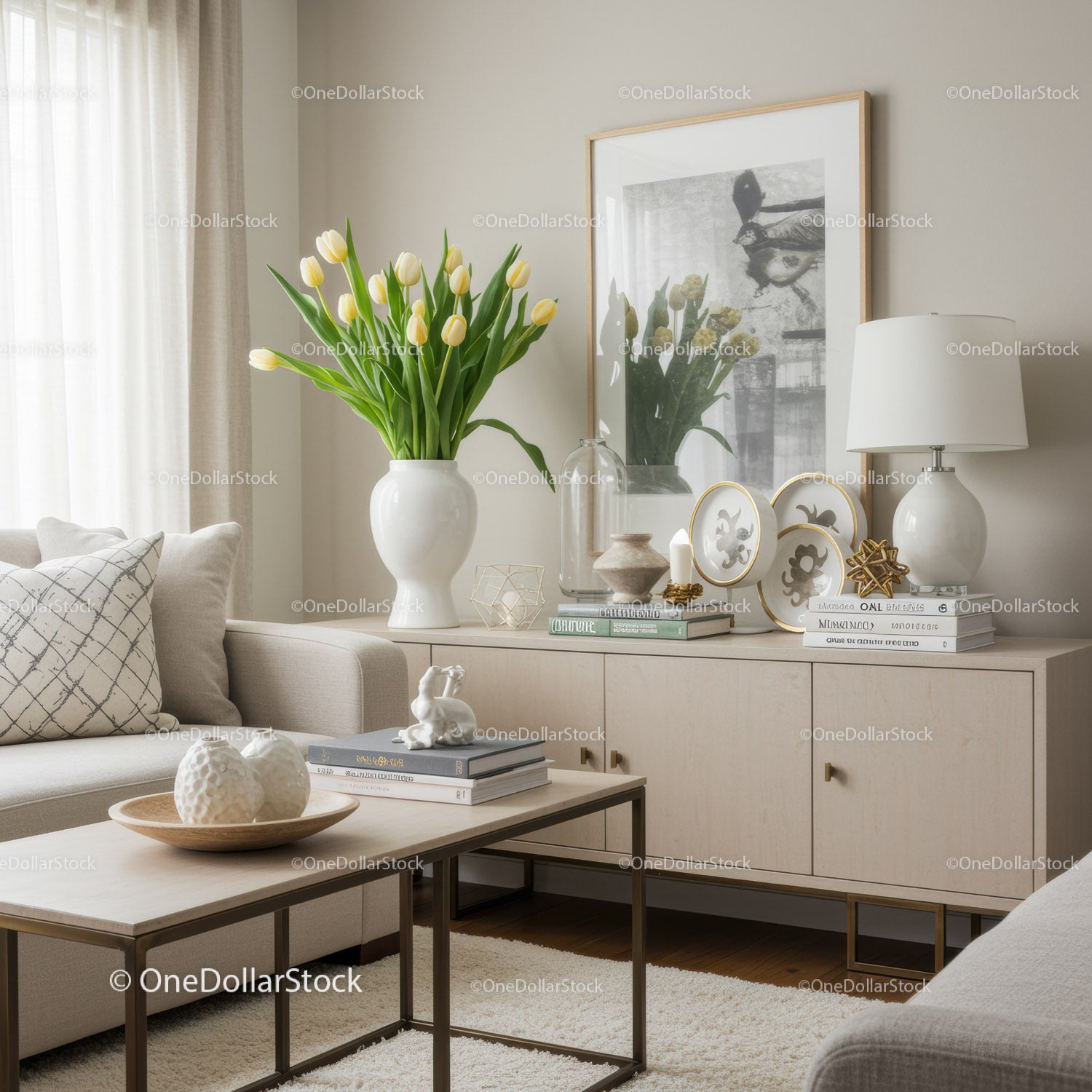 Elegant Living Room Decor with Tulips and Modern Accents