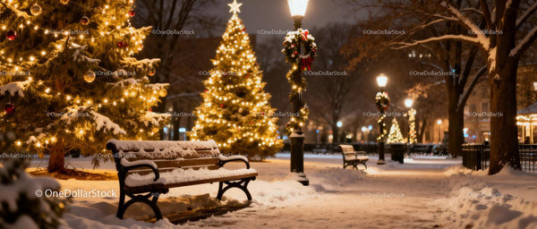 Snowy park with illuminated Christmas trees and benches