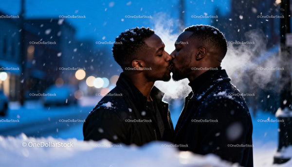 Couple Sharing a Tender Kiss on a Snowy Winter Evening