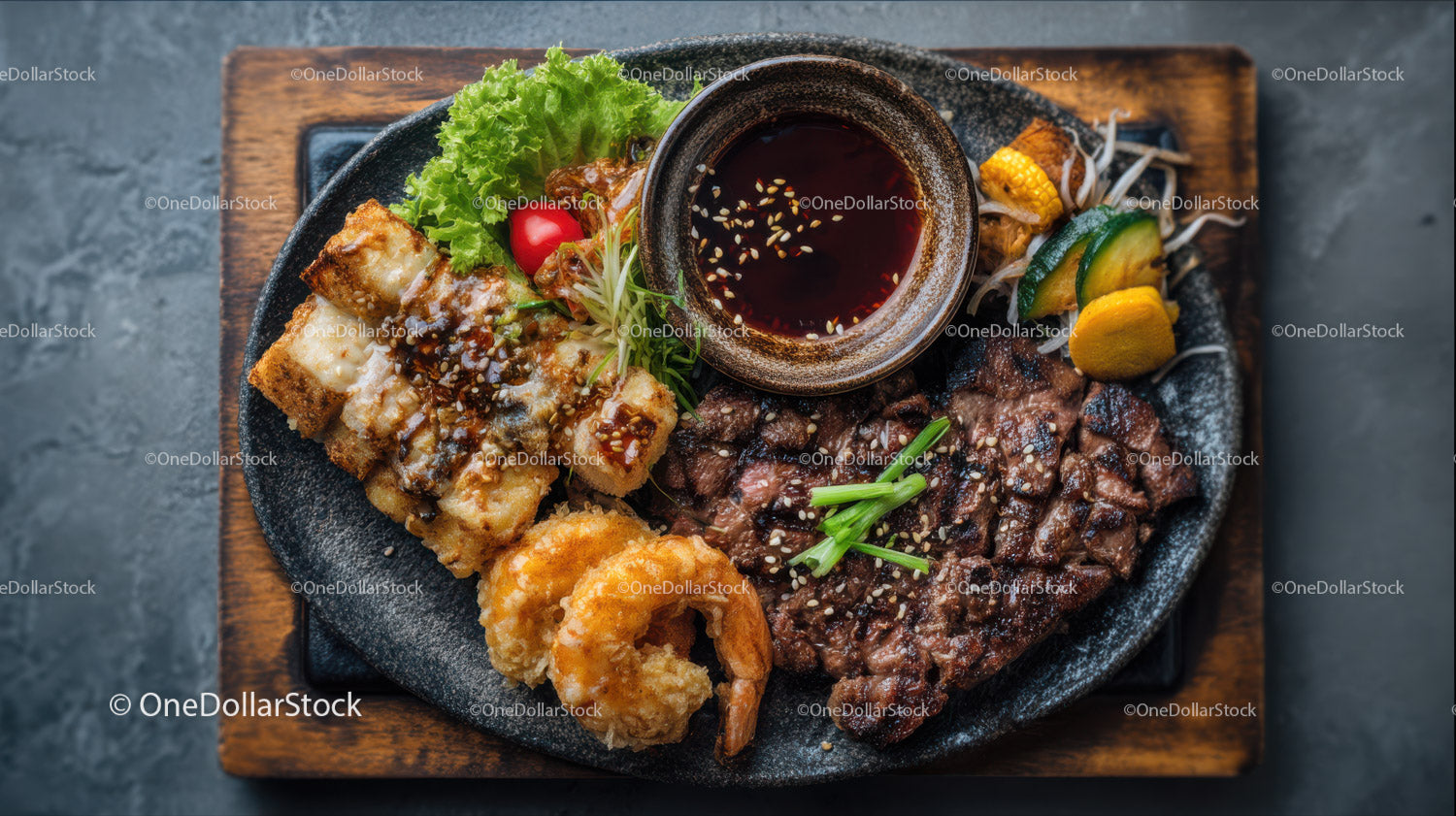 Gourmet Asian Style Beef and Shrimp Platter with Dipping Sauce