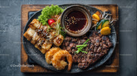Gourmet Asian Style Beef and Shrimp Platter with Dipping Sauce